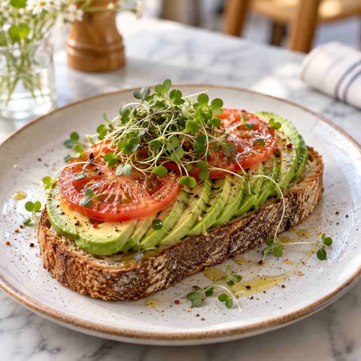 Stullenfrühstück – Sauerteigbrot, Avocado, Tomate und Kresse