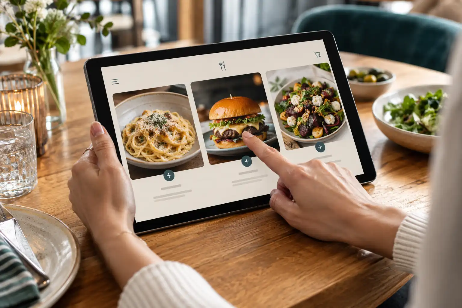 Gast wählt Speisen auf einer digitalen Speisekarte am Tablet aus