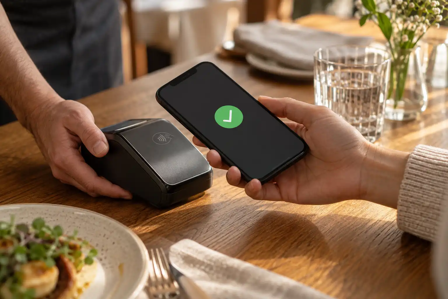 Gast bezahlt kontaktlos mit dem Smartphone am Kartenterminal im Restaurant