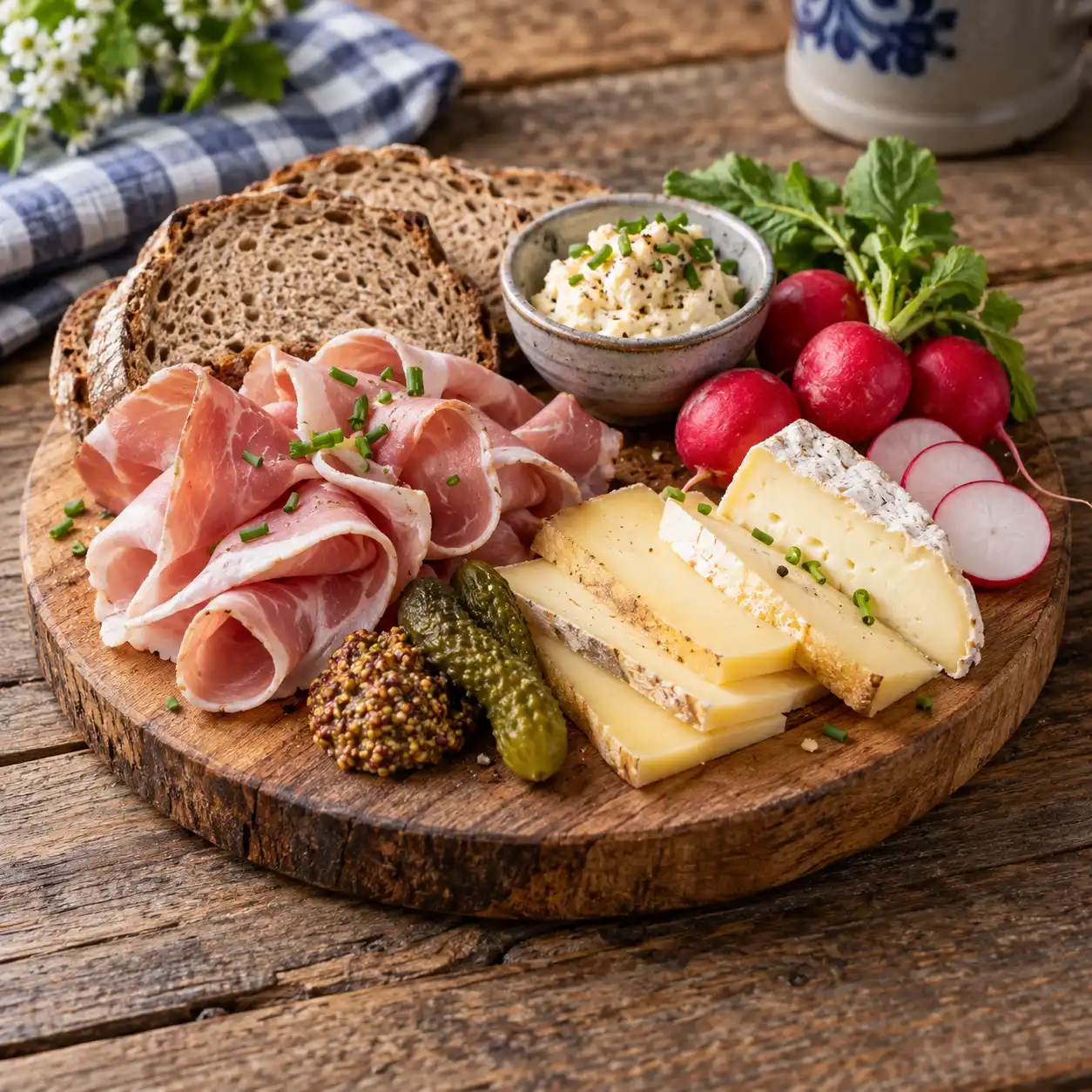 Brotzeitbrett – Käse, Schinken, Radieschen und Landbrot