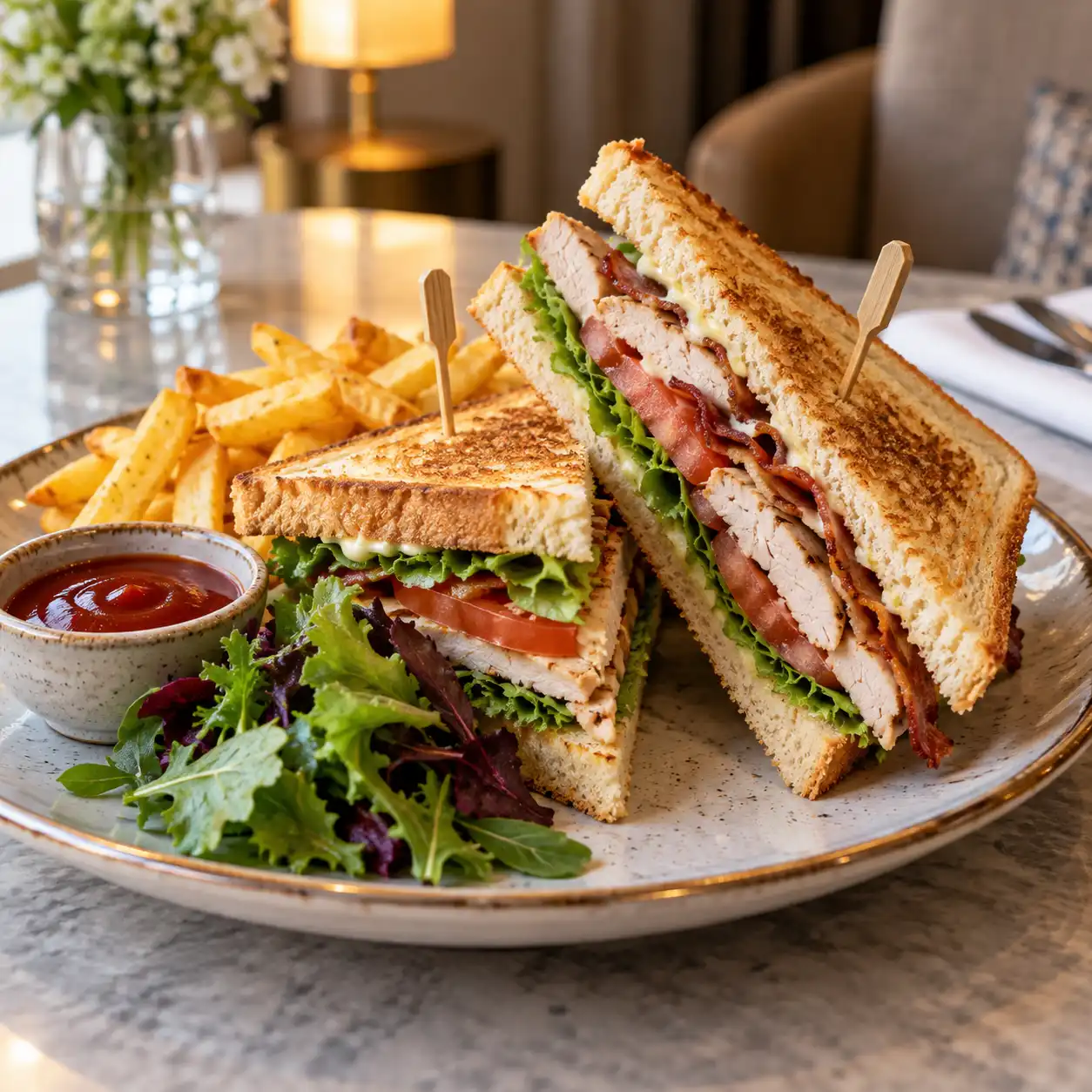 Club Sandwich – Hähnchen, Tomate und Salat im Toast