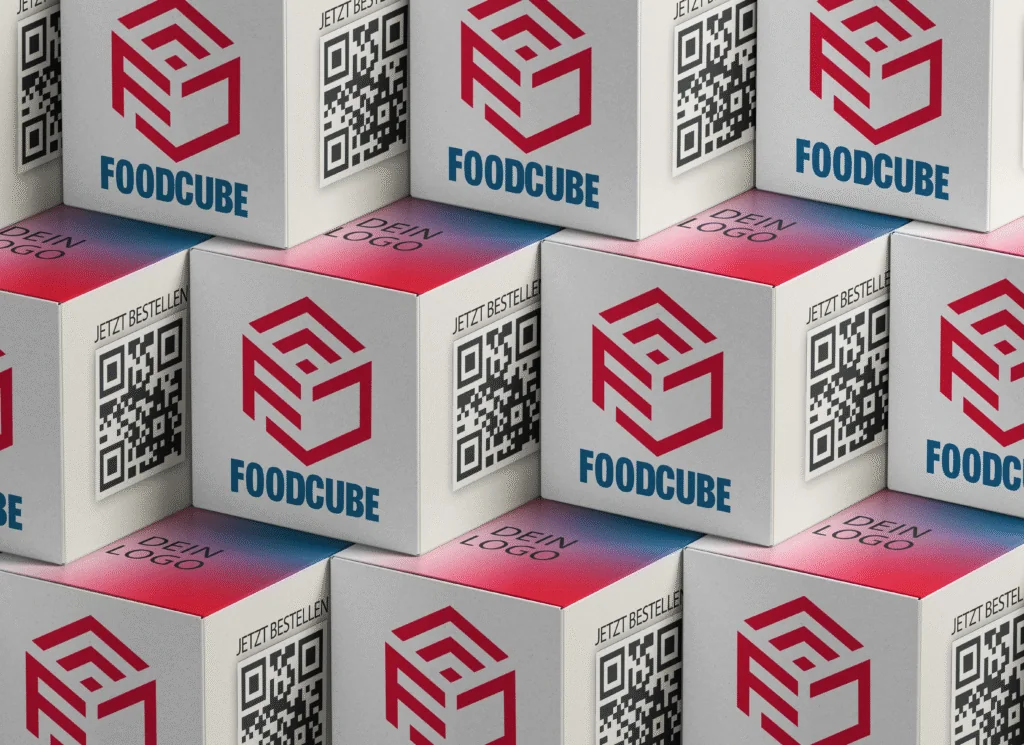 FoodCube-Papierwürfel mit Logo und QR-Code als Tischaufsteller für die Gastronomie