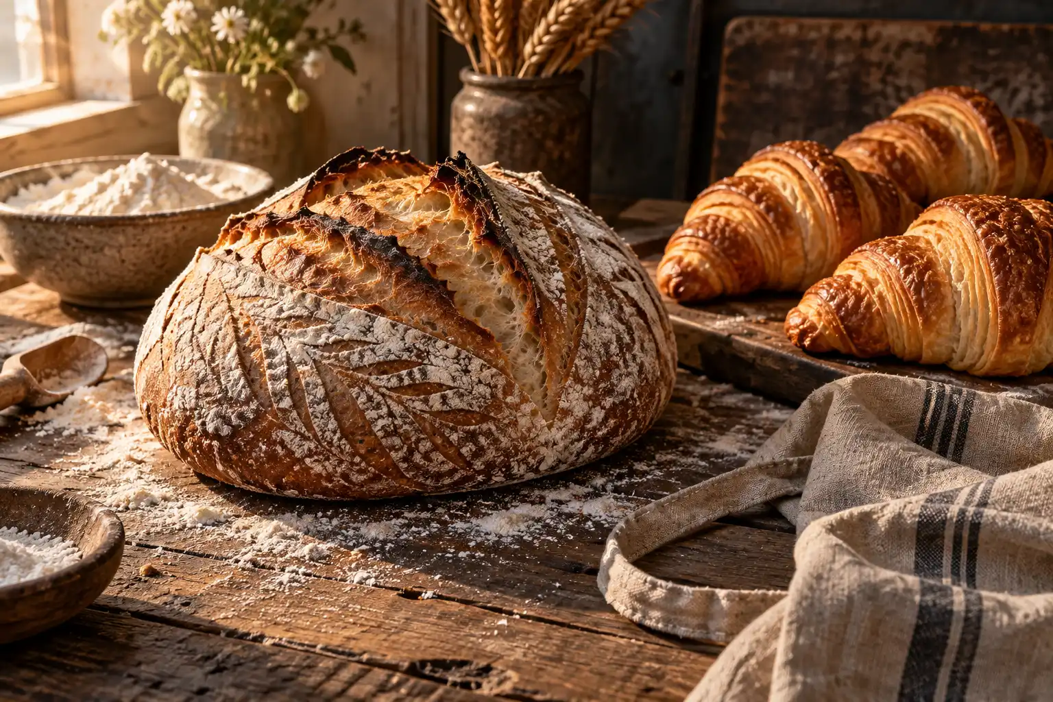 Sauerteigbrot und Croissants auf einer rustikalen Holzplatte – KI-generiertes Demobild