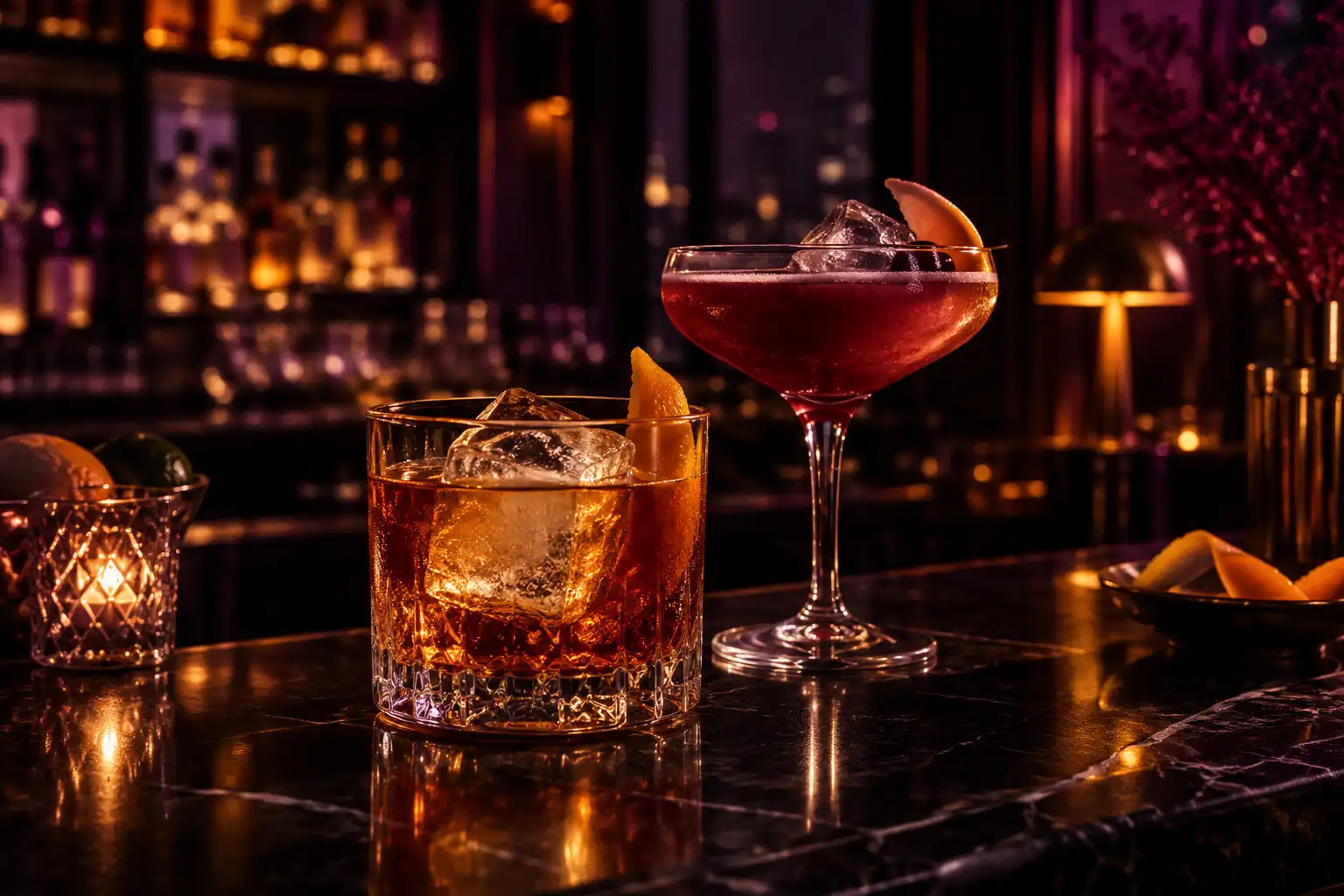 Zwei Cocktails im warmen Licht einer dunklen Bar – KI-generiertes Demobild