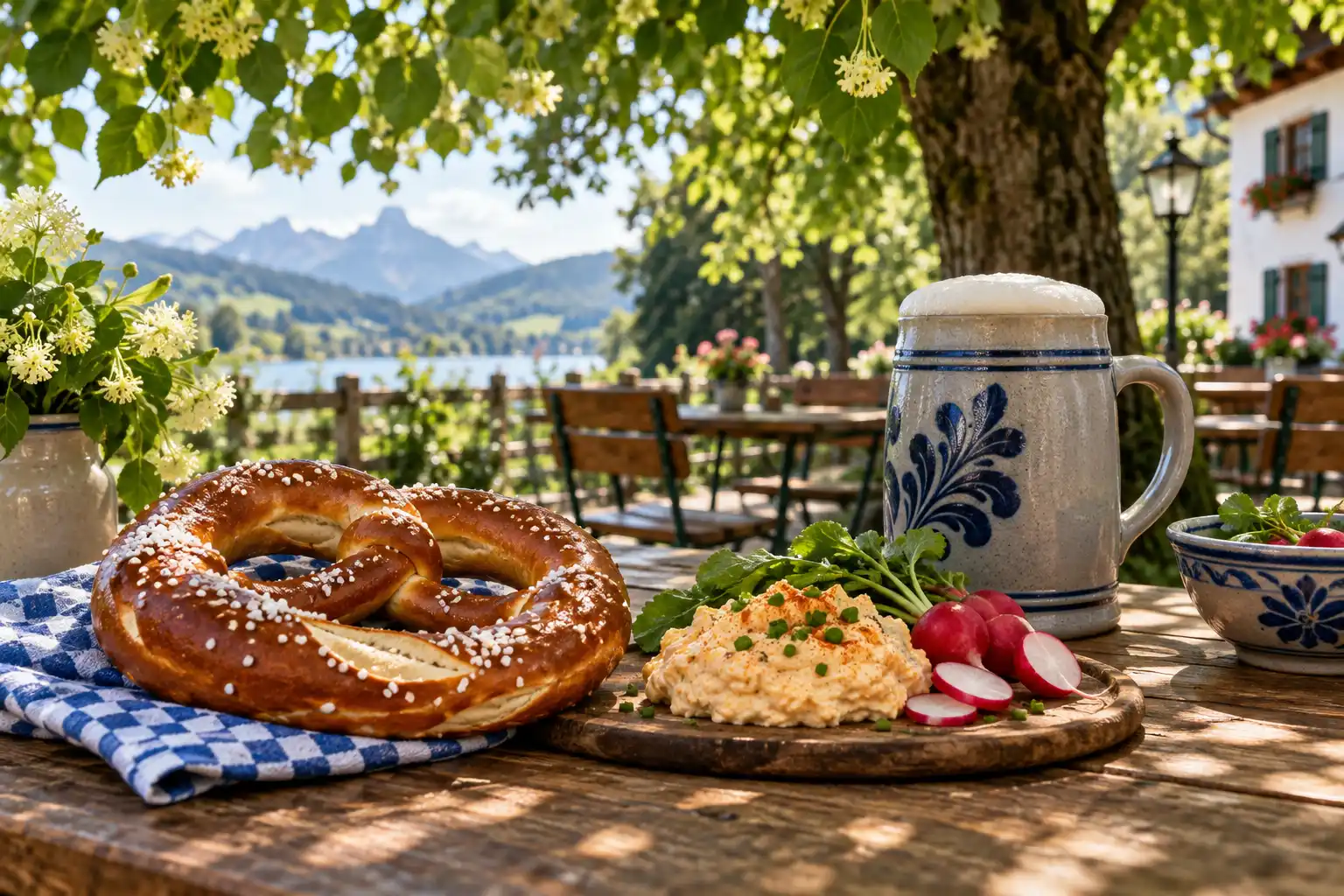 Brezel, Obazda und Bierkrug im schattigen Biergarten – KI-generiertes Demobild