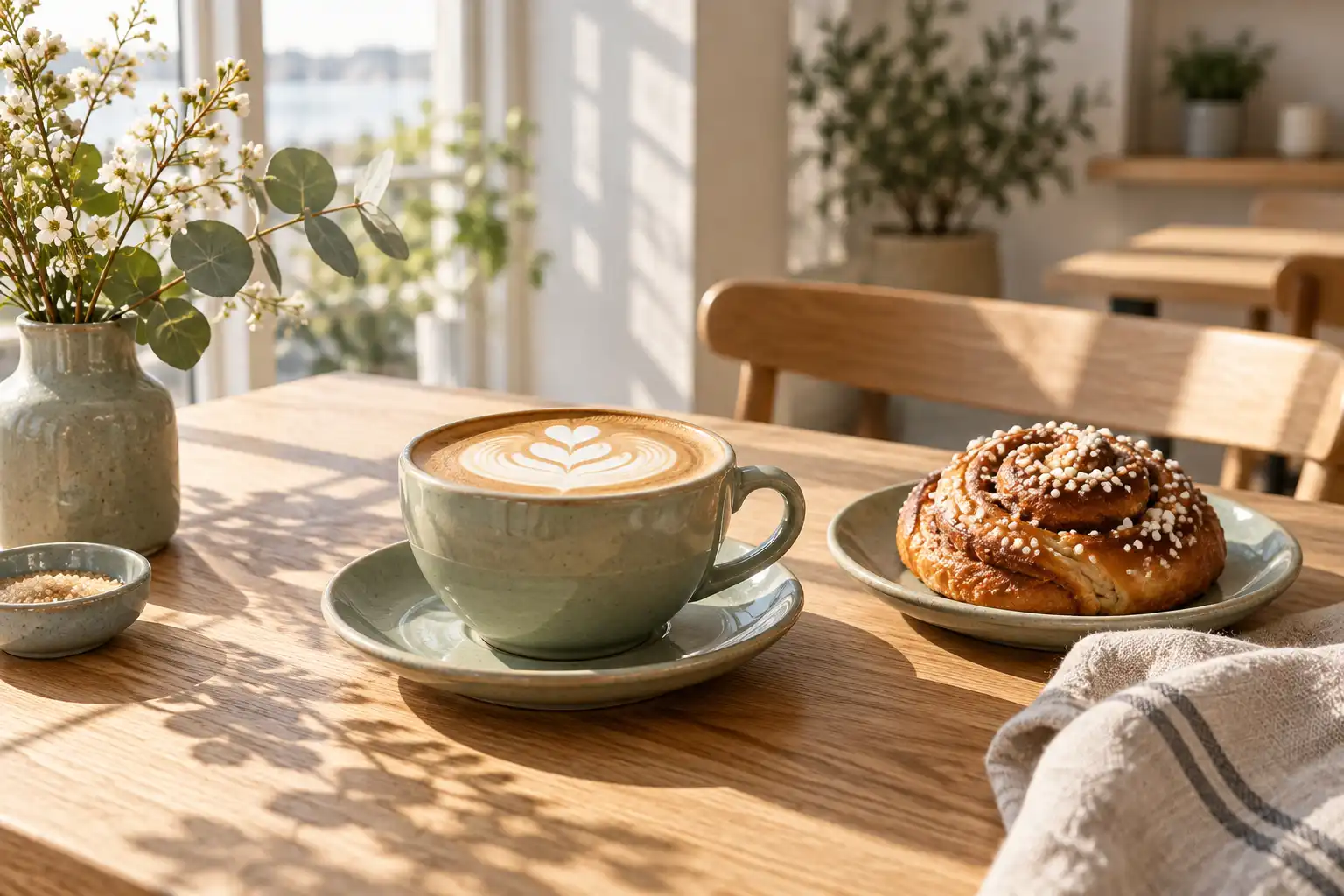 Cappuccino mit Latte Art und Zimtschnecke auf einem sonnigen Cafétisch – KI-generiertes Demobild