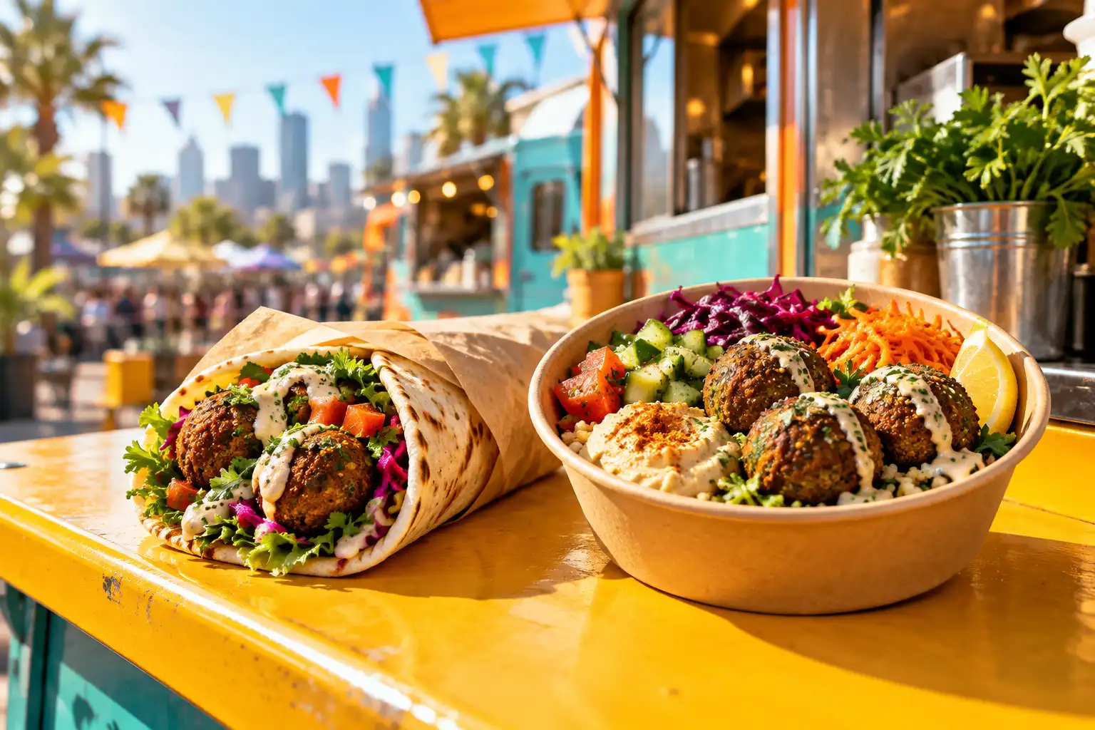 Falafel-Wrap und bunte Bowl an einem Foodtruck – KI-generiertes Demobild