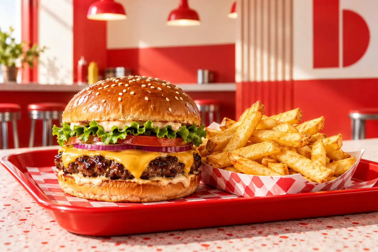 Cheeseburger mit Pommes auf einem roten Tablett – KI-generiertes Demobild