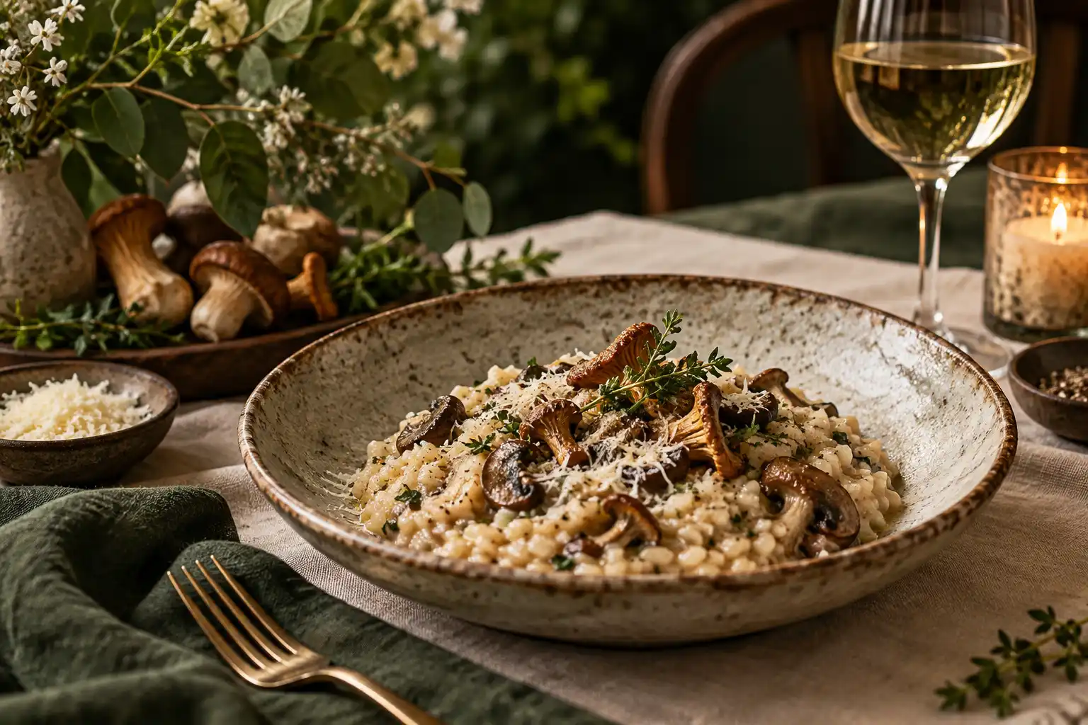 Pilzrisotto mit Kräutern auf einem Keramikteller – KI-generiertes Demobild