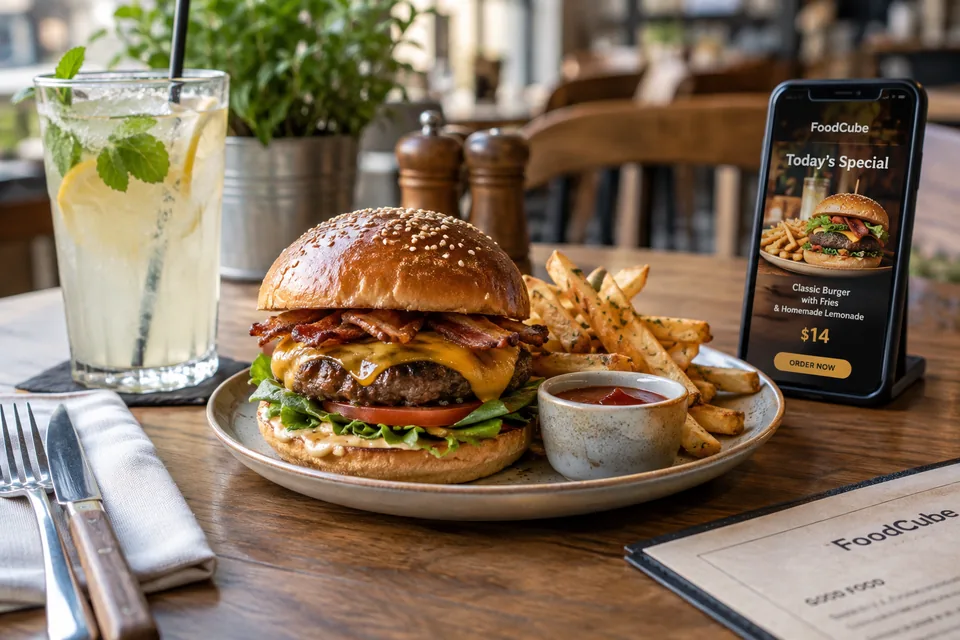 Burger-Menü mit Pommes und Limonade neben digitalem Tagesangebot