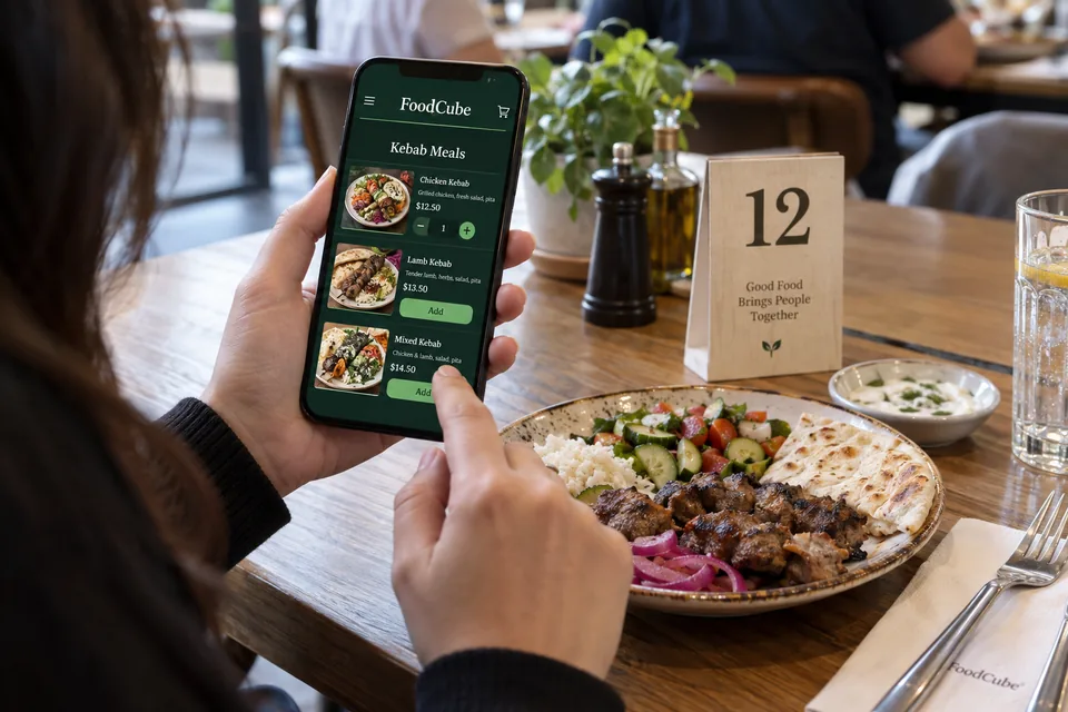 Gast bestellt Speisen am Smartphone am Tisch mit Tischnummer