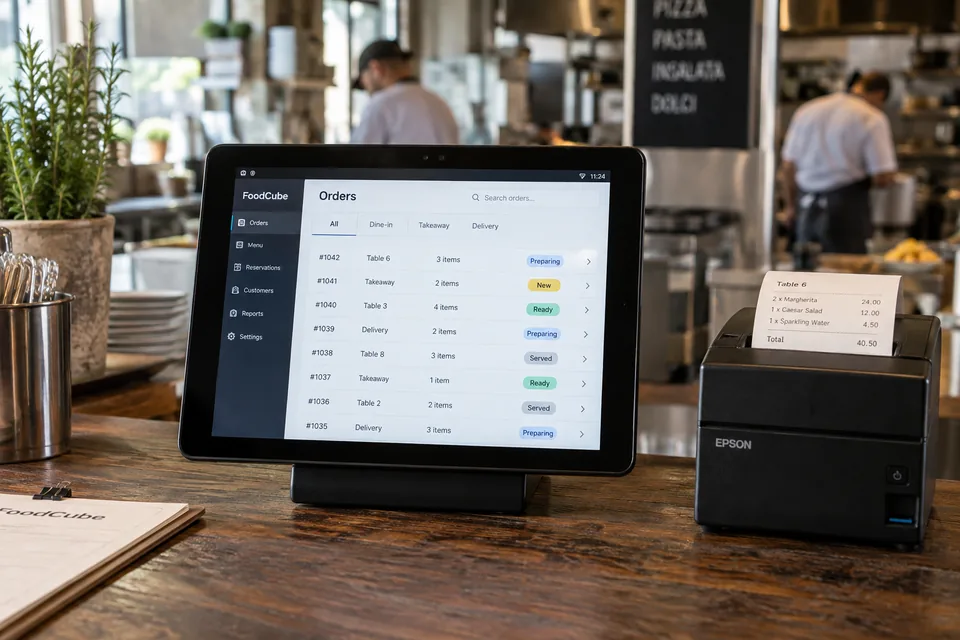 Tablet mit Bestellverwaltung und Bondrucker an einem Restauranttresen
