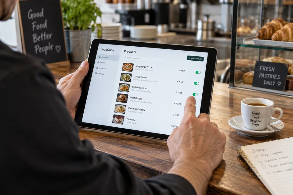 Gastronom pflegt Speisen, Preise und Verfügbarkeit auf einem Tablet