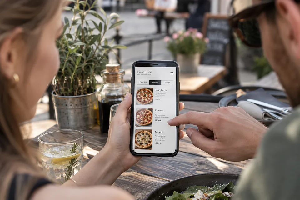 Gäste wählen die Sprache einer digitalen Speisekarte am Smartphone