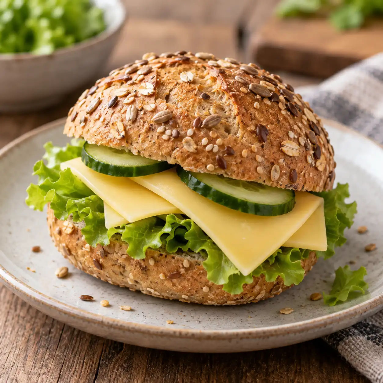 Körnerbrötchen – Mit Gouda, Gurke und frischem Salat