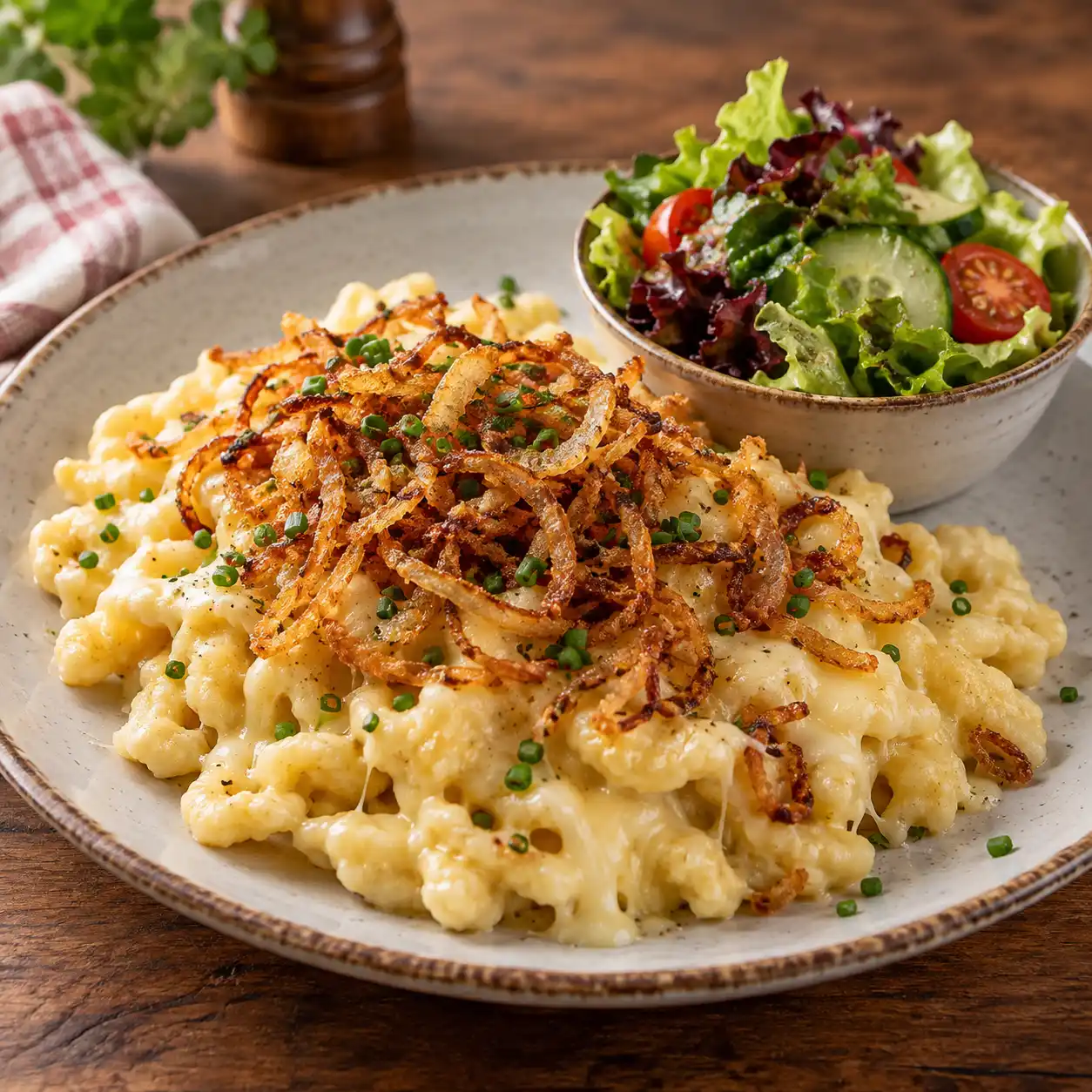 Käsespätzle – Mit Röstzwiebeln und kleinem Salat