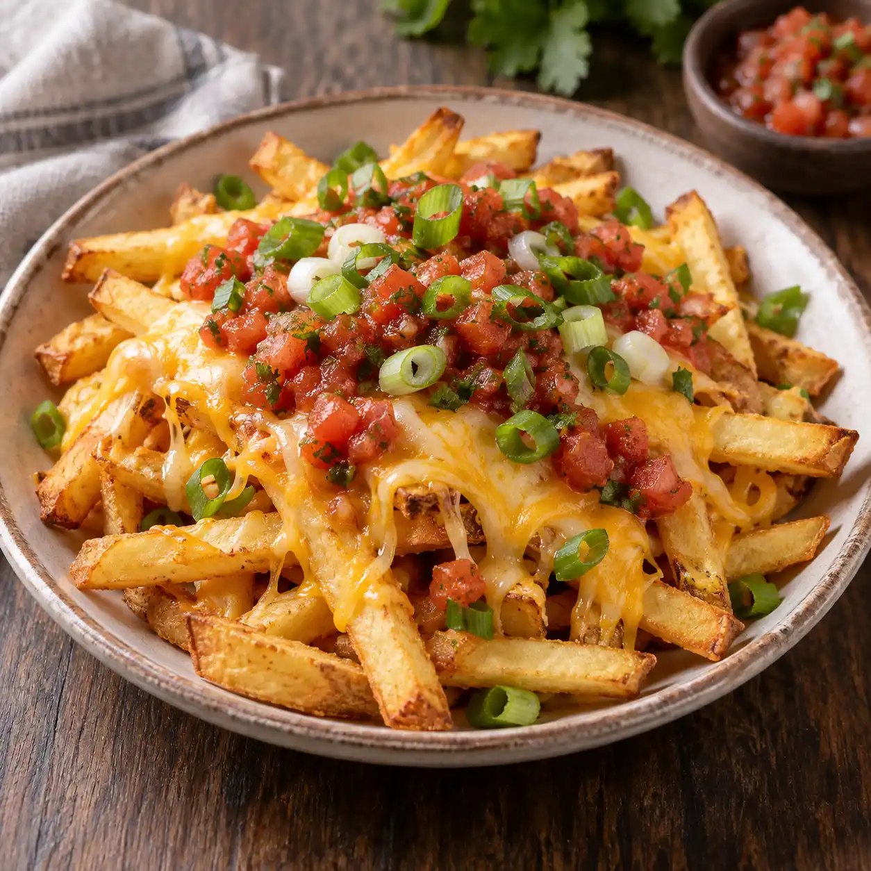 Loaded Fries – Pommes mit Käse, Salsa und Frühlingszwiebeln