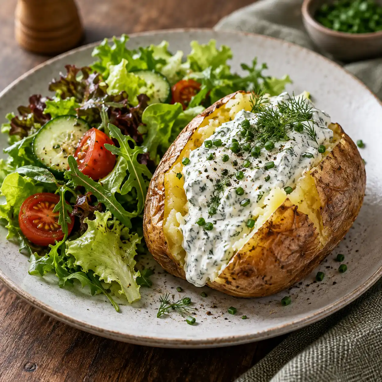 Ofenkartoffel – Mit Kräuterquark und Salat