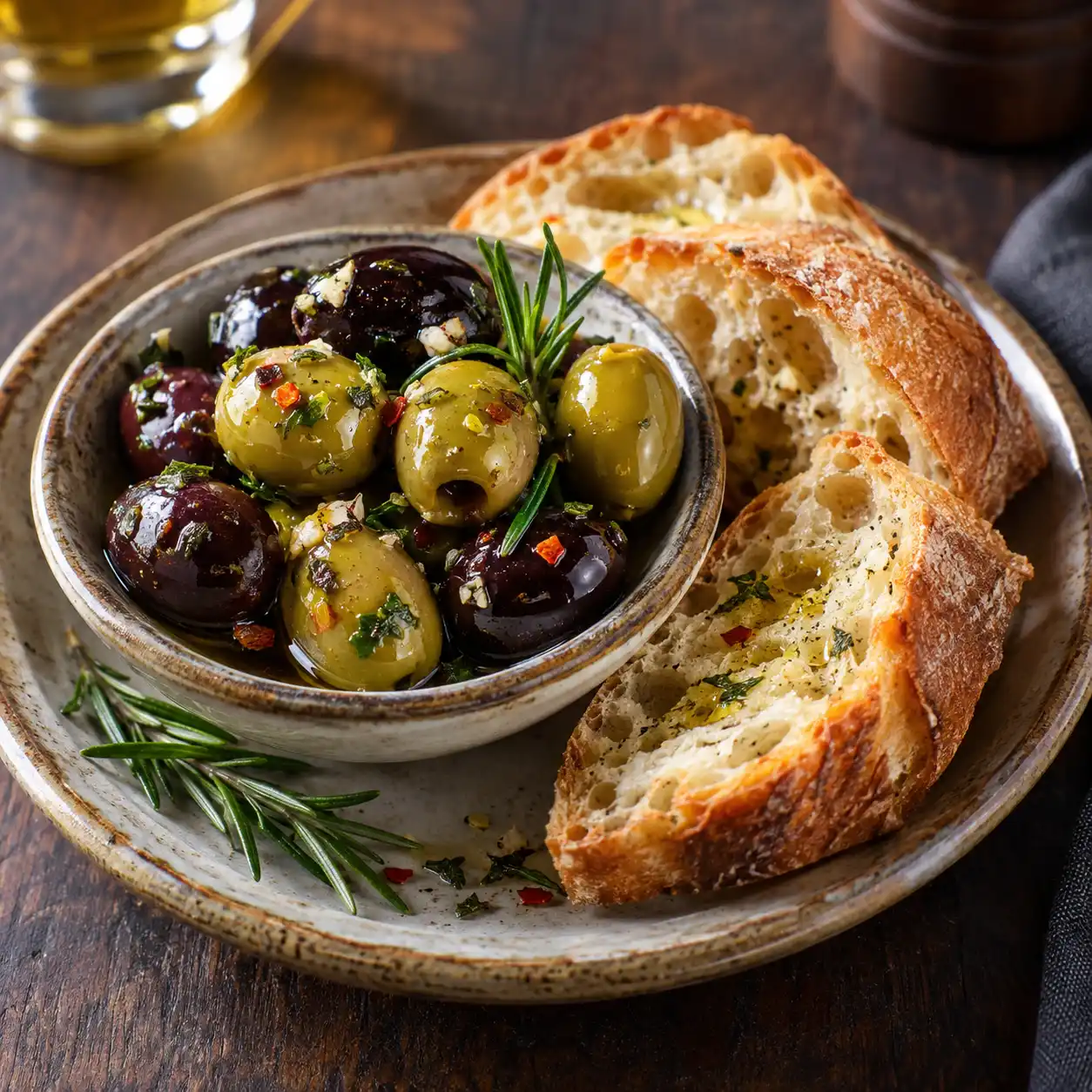 Oliven & Brot – Marinierte Oliven mit knusprigem Brot