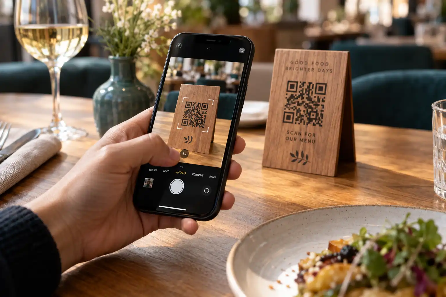 Gast scannt den QR-Code auf einem Tischaufsteller mit dem Smartphone