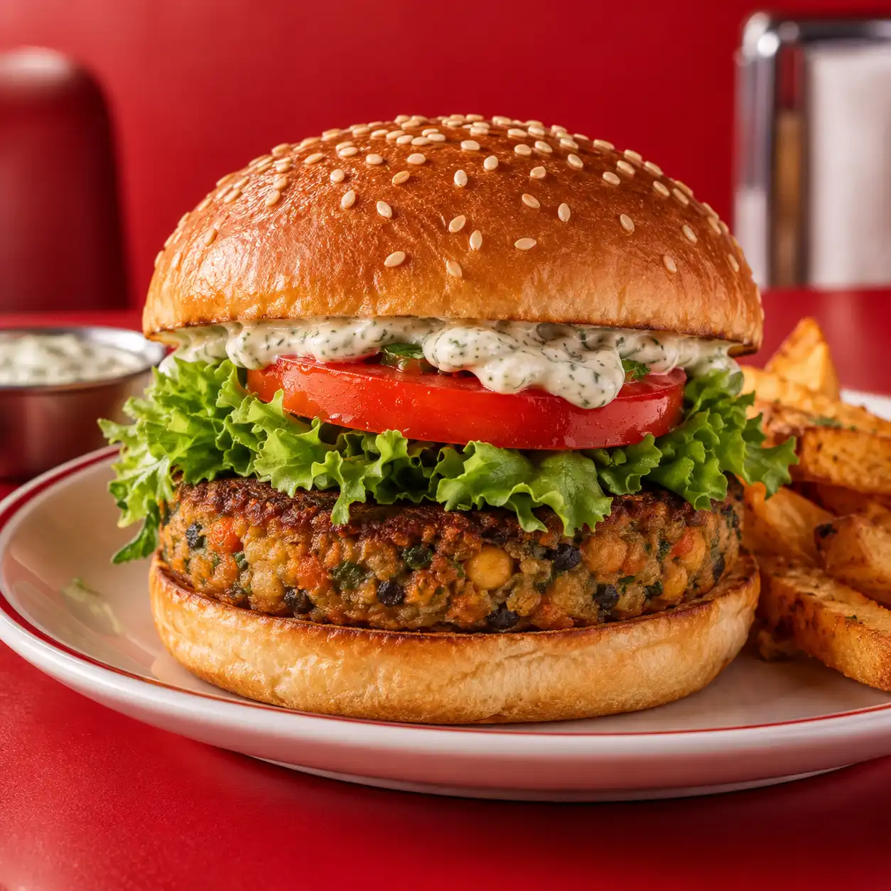 Veggie Burger – Gemüsepatty, Tomate und Kräuterdip