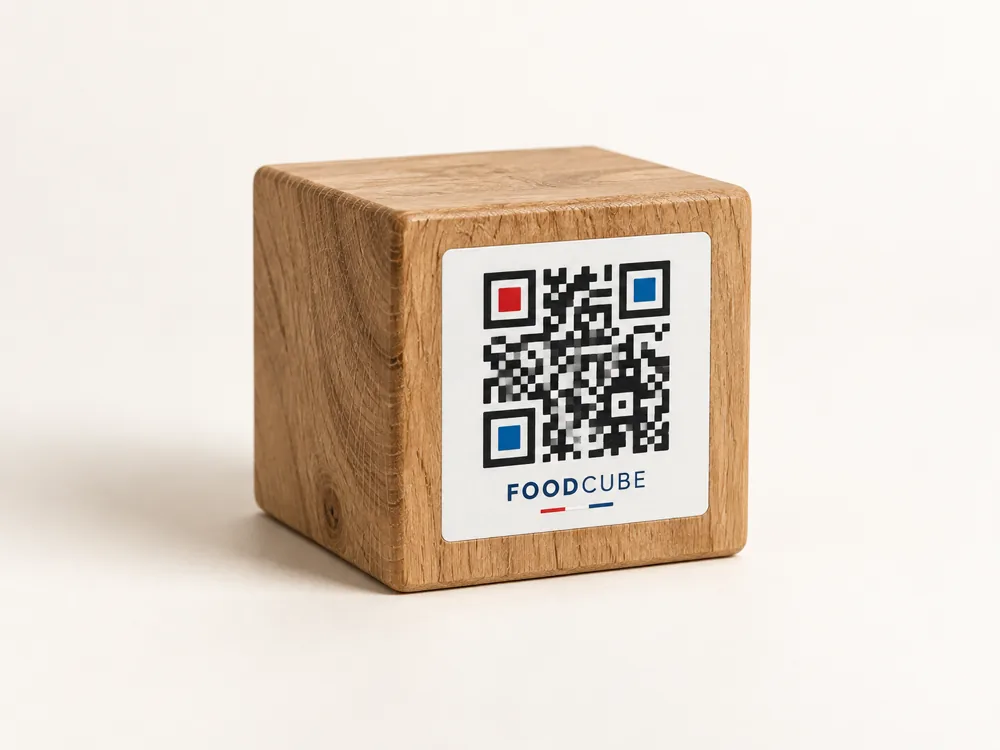 FoodCube aus Holz mit QR-Code – Gestaltungsvorschlag