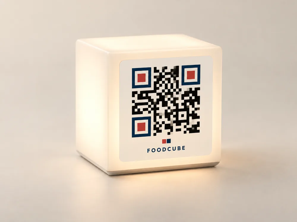 Warm leuchtender LED-Cube mit QR-Code – Gestaltungsvorschlag