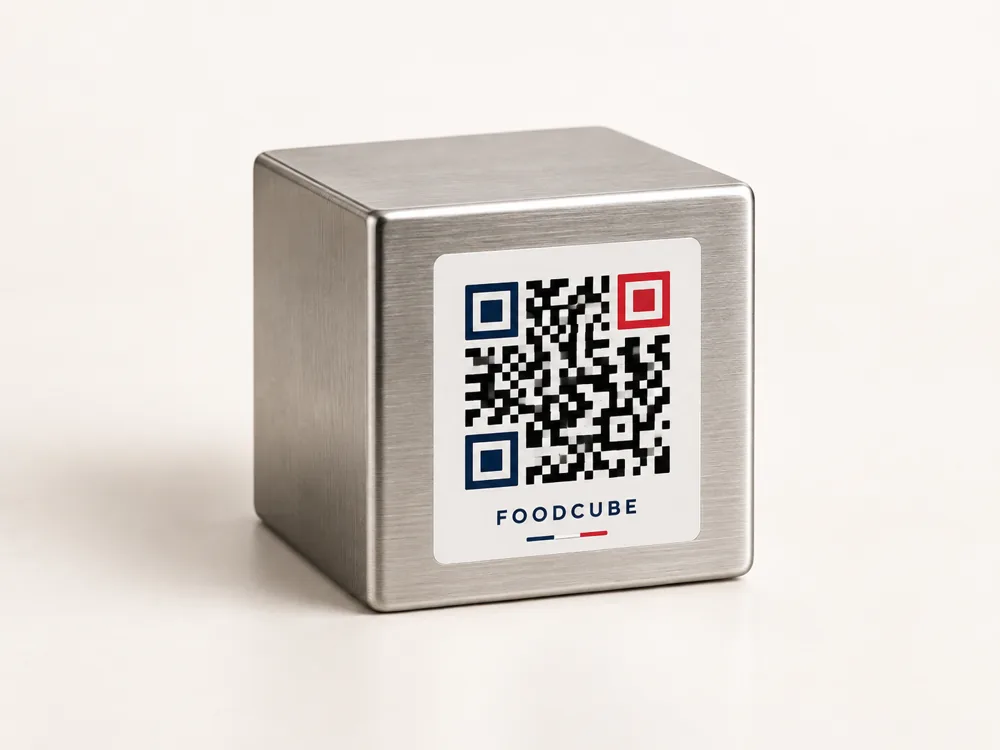 FoodCube aus gebürstetem Metall mit QR-Code – Gestaltungsvorschlag