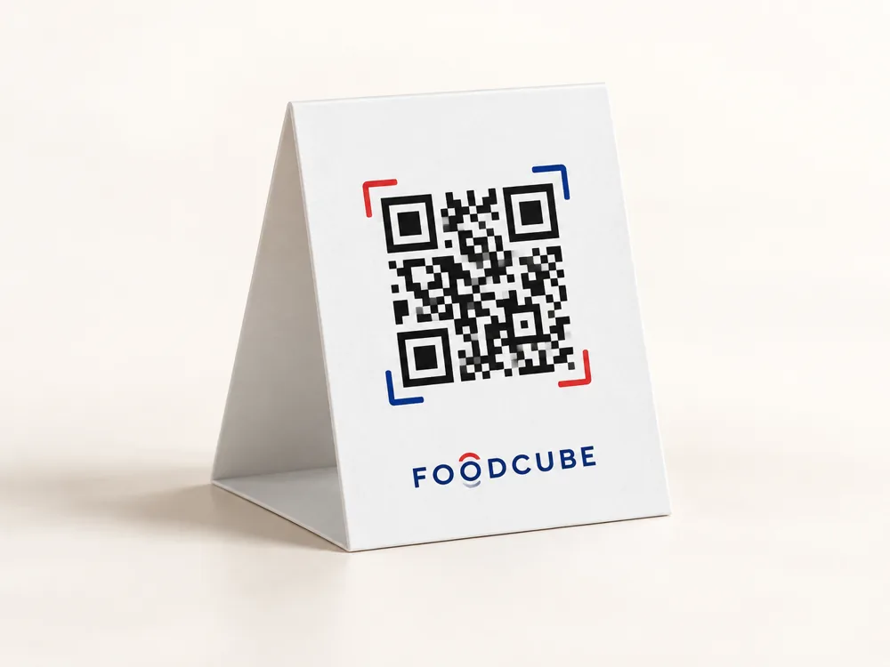 Kompakter Tischaufsteller aus Papier mit QR-Code – Gestaltungsvorschlag